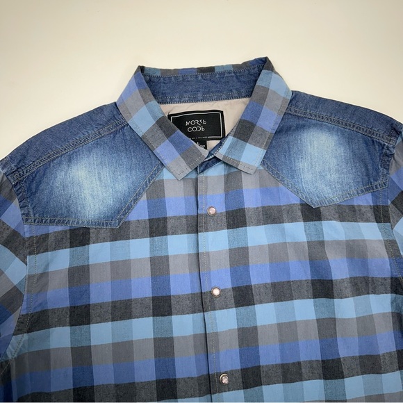 Morse Code Men’s Button Down Plaid Denim Shoulder Patch Long Sleeve Shirt Size L - Picture 7 of 8